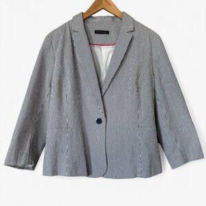 British Khaki Navy Blue and White Striped 100% Cotton Seersucker Blazer Preppy